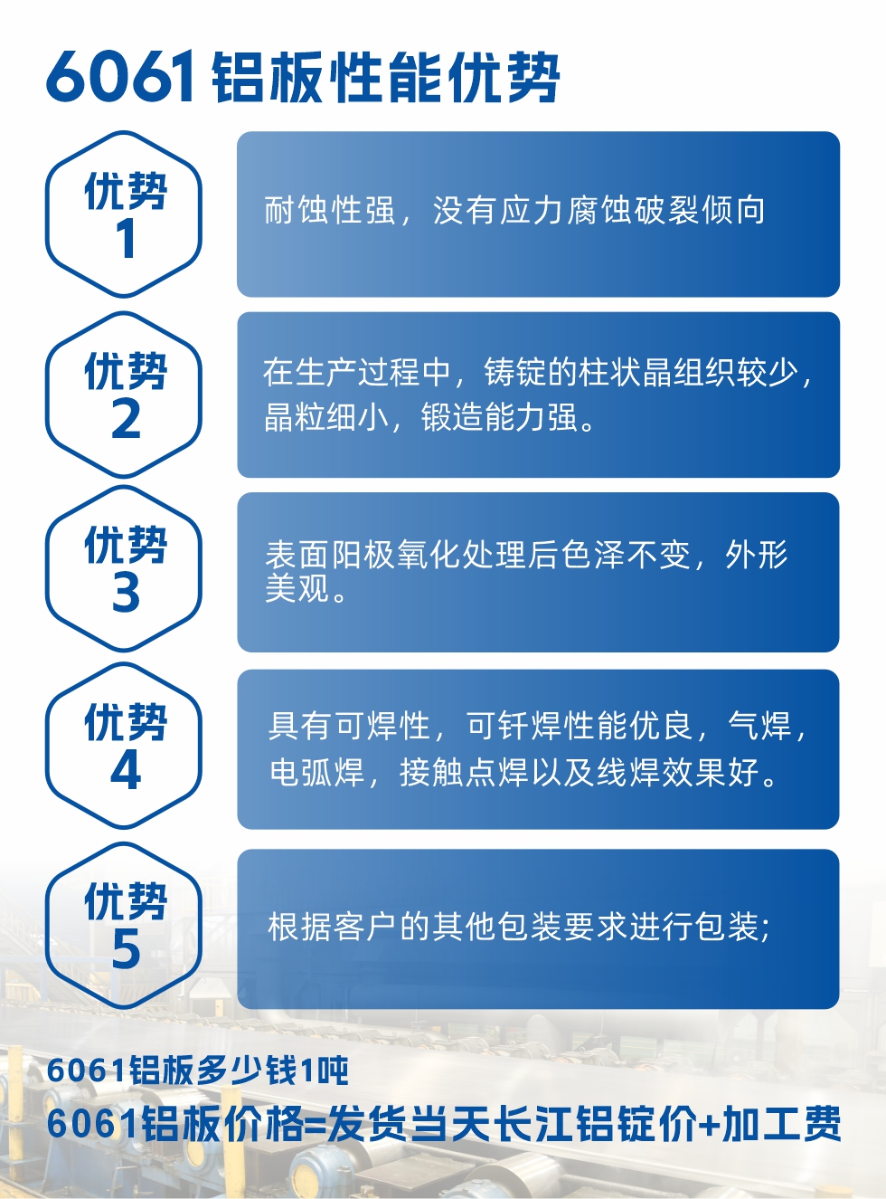 明泰鋁業6061鋁板性能優勢
  1、耐蝕性強,沒有應力腐蝕破裂傾向。
  2、在生產過程中,鑄錠的柱狀晶組織較少,晶粒細小,鍛造能力強。
  3、表面陽極氧化處理后色澤不變,外形美觀。
4、具有可焊性,可釬焊性能優良,氣焊,電弧焊,接觸點焊以及線焊效果好。