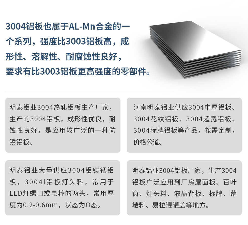 3004鋁板也屬于AL-Mn合金的一個(gè)系列,強(qiáng)度比3003鋁板高,成形性、溶解性、耐腐蝕性良好,要求有比3003鋁板更高強(qiáng)度的零部件。
明泰鋁業(yè)3004熱軋鋁板生產(chǎn)廠家,生產(chǎn)的3004鋁板,成形性?xún)?yōu)良,耐蝕性良好,是應(yīng)用較廣泛的一種防銹鋁板。
河南明泰鋁業(yè)供應(yīng)3004中厚鋁板、3004花紋鋁板、3004超寬鋁板、3004標(biāo)牌鋁板等產(chǎn)品,按需定制,價(jià)格公道。
明泰鋁業(yè)大量供應(yīng)3004鋁鎂錳鋁板,3004l鋁板燈頭料,常用于LED燈螺口或電棒的兩頭,常用厚度為0.2-0.6mm,狀態(tài)為O態(tài)。
明泰鋁業(yè)3004鋁板廠家,生產(chǎn)3004鋁板廣泛應(yīng)用到廠房屋面板、百葉窗、燈頭料、液晶背板、標(biāo)牌、幕墻料、易拉罐罐蓋等地方。